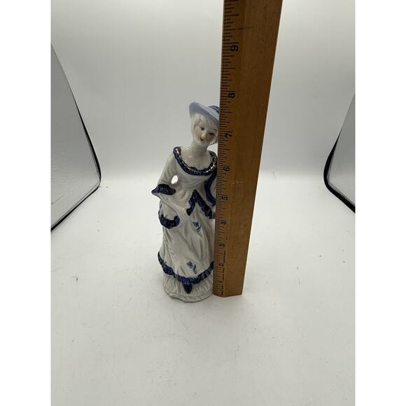 Vintage Blue White Porcelain Lady Figurine with Harp Gold Trim 7.5” Tall - Picture 7 of 7